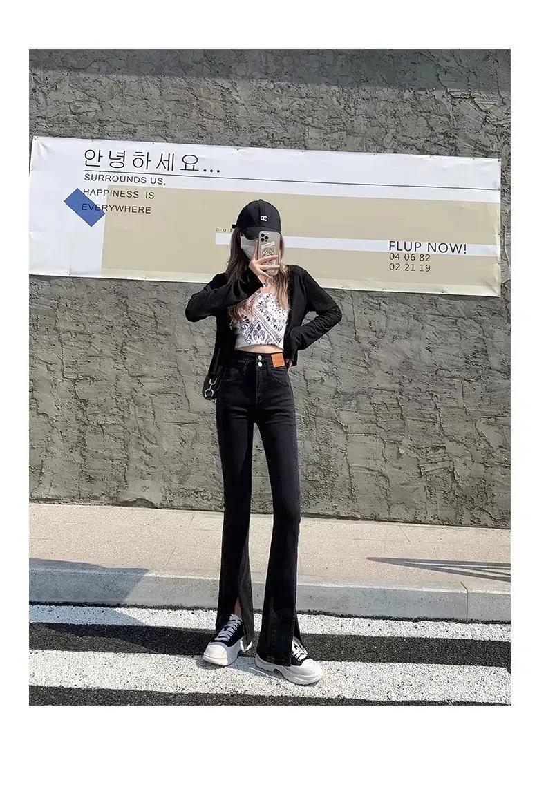 여성용 용수철 하이 웨이스트 슬릿 스트레이트 스트레치 청바지, 슬림 슬림 블랙, 작은 마이크로 플레어 팬츠, 2024