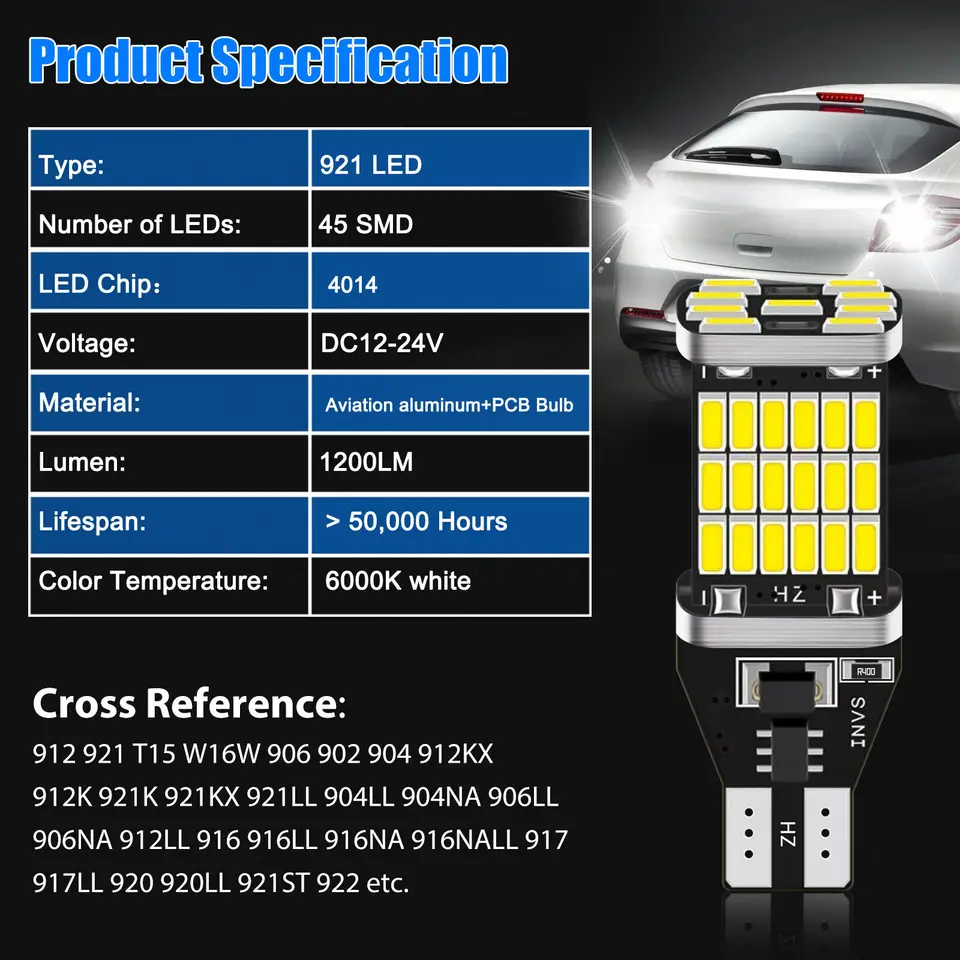 912 921 LED W16 Backup Light Bulbs - CANBUS Error-Free With FREE 194 LED Bulbs Pack