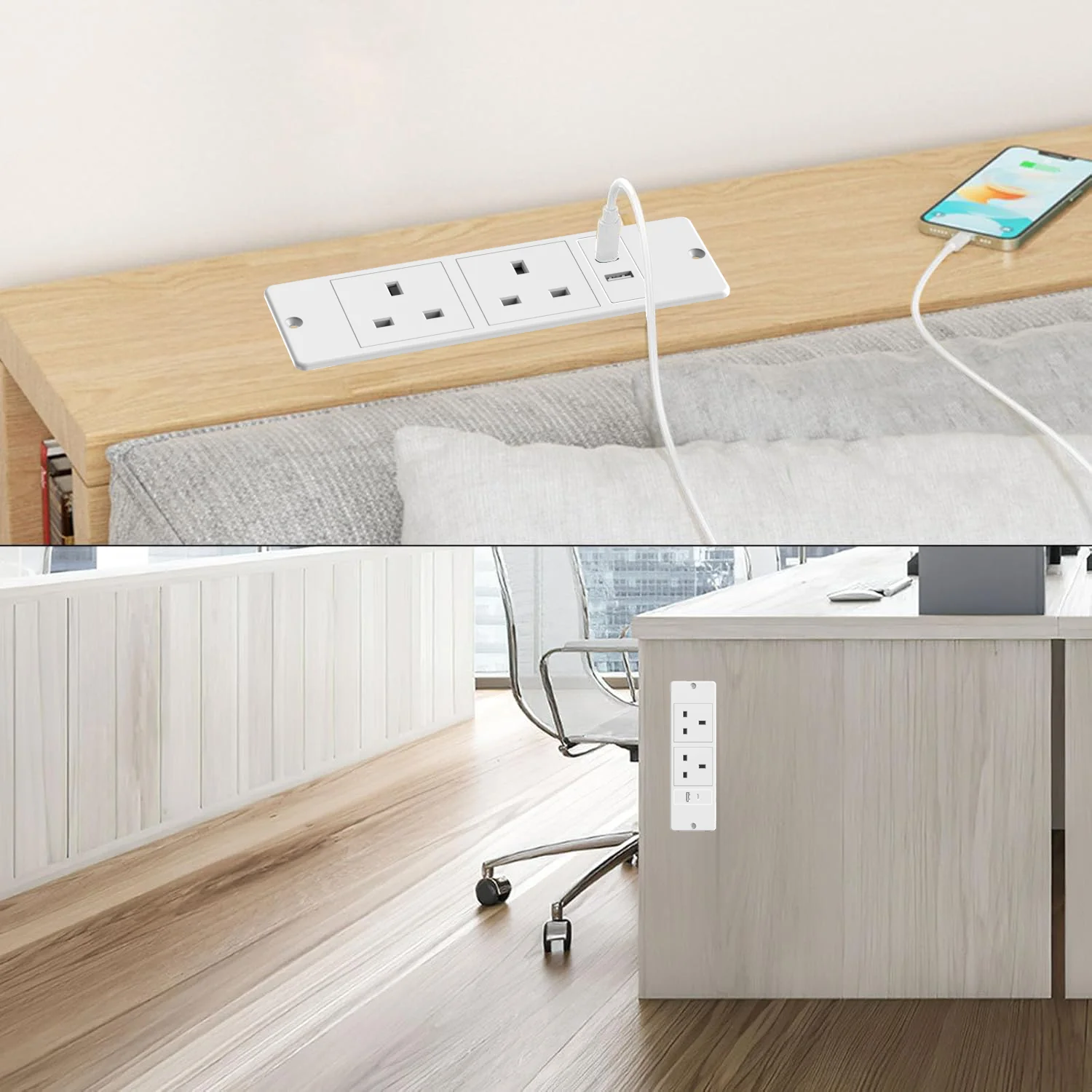 영국 플러그 매립형 전원 스트립 2개 콘센트 USB-C/USB-A 1.5M/59.05인치 전원 코드 공간 절약형 책상/카운터/가구용 간편 설치