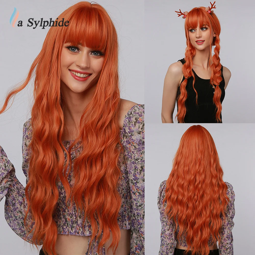 La Sylphide Halloween Cosplay Wig Long Deep Wave Orange Synthetic hair Wigs with Bangs for Black White Woman Heat Resistant Wigs