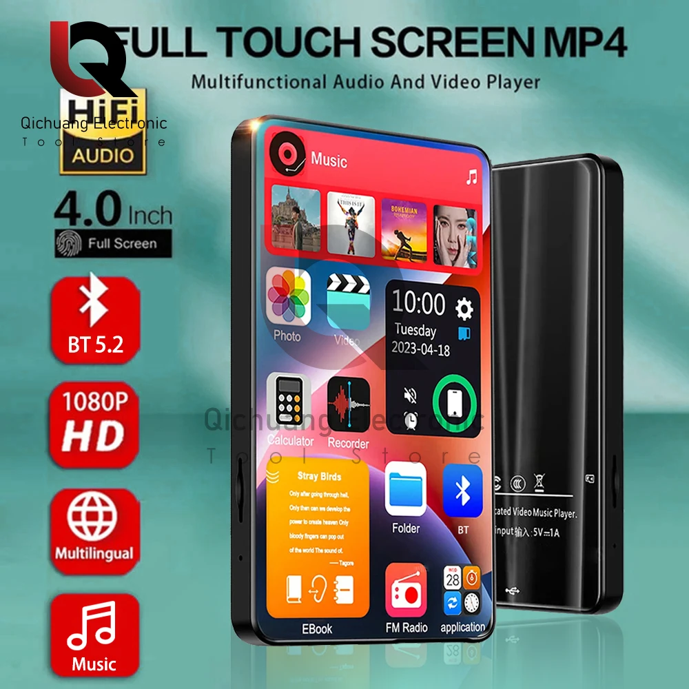 MP4 Music Player 4 Inch 16GB BT 5.2 Touch Screen with Speaker