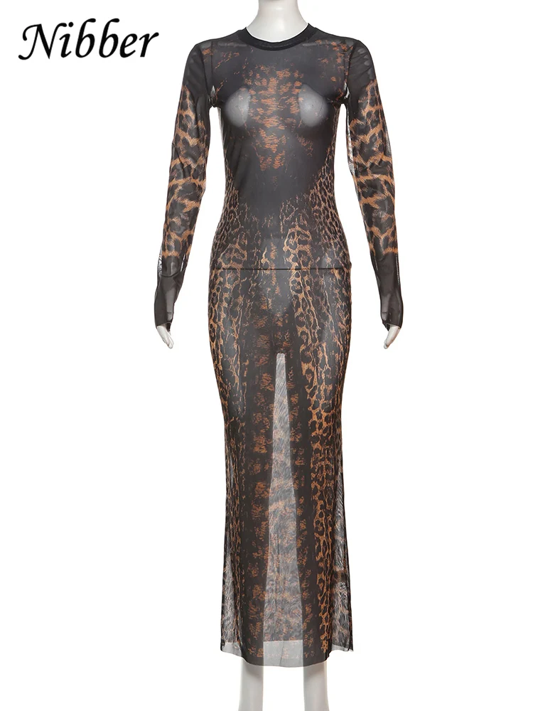 Nibber Leopard Print Dress Women See Through Coquette Full Sleeve o-Neck Fall Trend Midnight Party Clubwear Stretch Vestidos 6