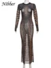 Nibber Leopard Print Dress Women See Through Coquette Full Sleeve o-Neck Fall Trend Midnight Party Clubwear Stretch Vestidos 6