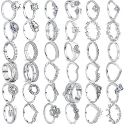 Authentic 925 Sterling Silver Eternal Heart Asymmetric Wave Princess Crown Pavé Sparkling Pantaro Silver Color Ring Fine Jewelry