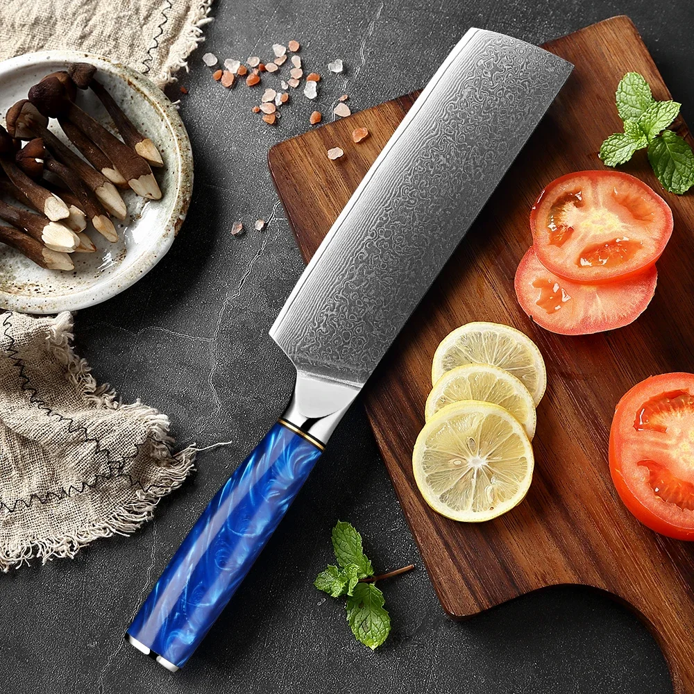 

Professional Nakiri Knife 7Inch Damascus Steel Kitchen Knives Sharp Chef Knife Cleaver Vegetable Chopping Knife Blue Resin Handl