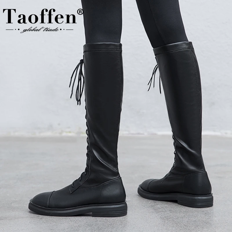 

Taoffen Size 33-40 Women Knee Boots Genuine Leather Cross Strap Winter Ladies Shoes Fashion Daily Long Boots Woman Footwear