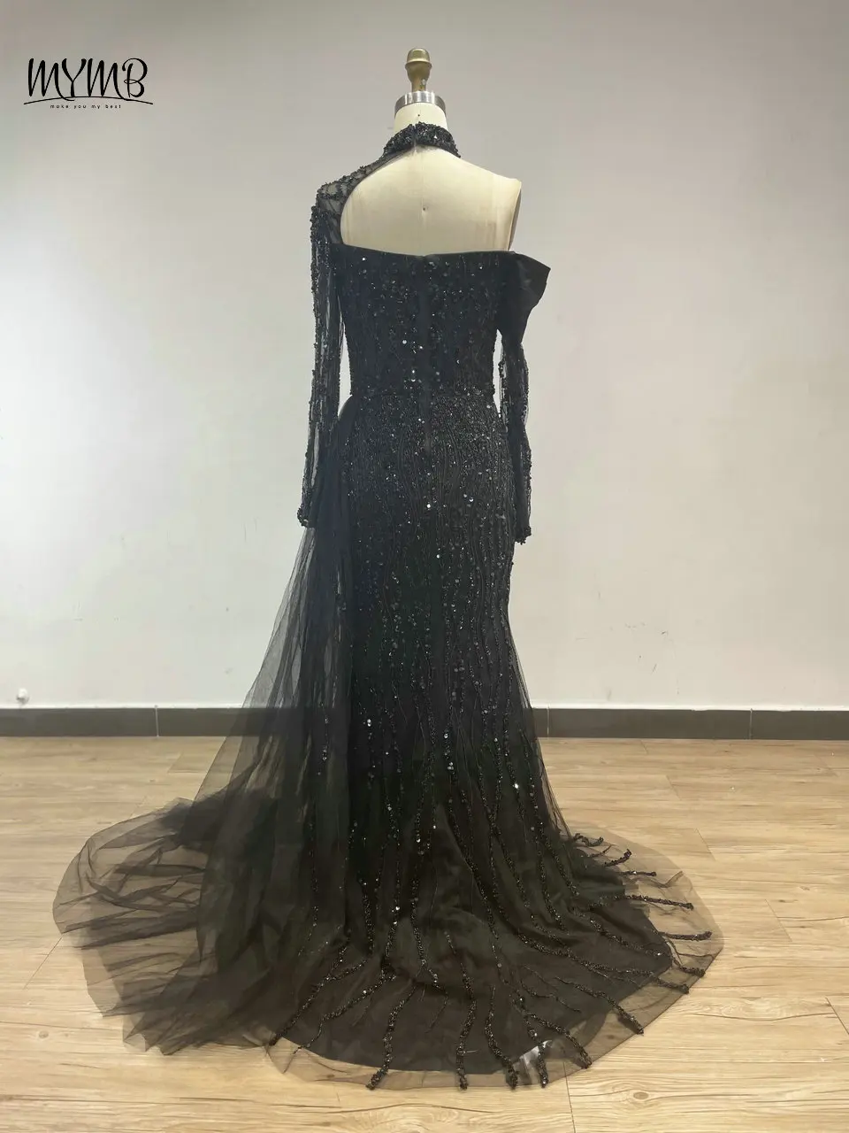 MYMB Schwarz Sexy Neckholder Eine Schulter Für Frauen Party Kleid Arabisch Atemberaubende Perlen Meerjungfrau Mit Split Formelle Anlässe Kleid DDS033C – Detail 6