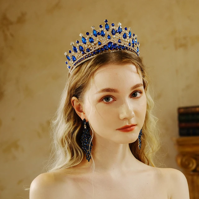 Braut Krone Tiara Diadem, Luxus Blau Strass Kristall Braut Tiara