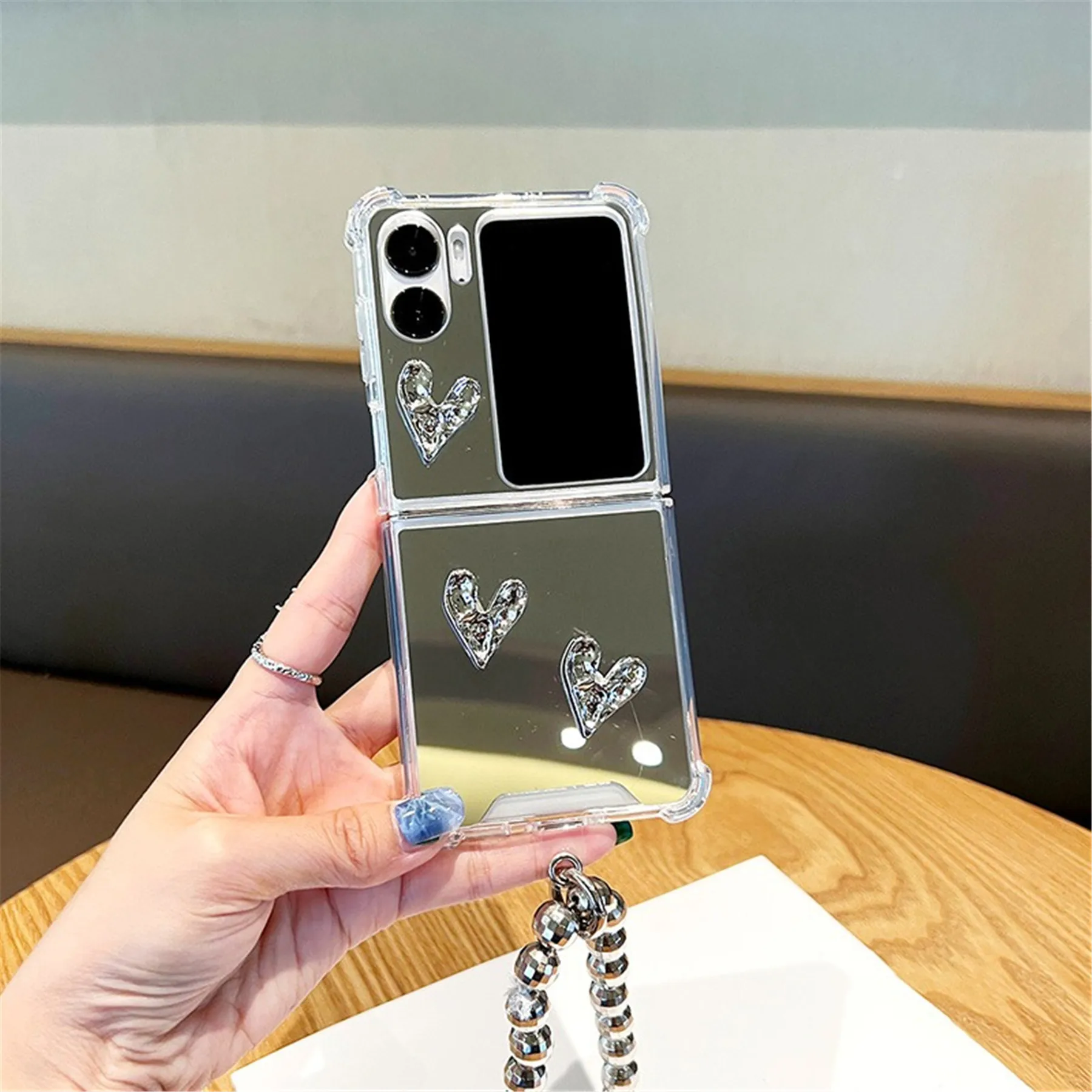 Luxury Sliver Mirror Bead Wristband Bracciale Chain Phone Case Per Oppo Find N2 Flip Findn2 Flip Find N2 Flip Love Heart Cover