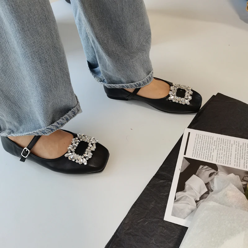 Square Versatile Rhinestone Mary Jane Flats Lolita Designer Zapatos Office Shoes Women Comfortable for Work