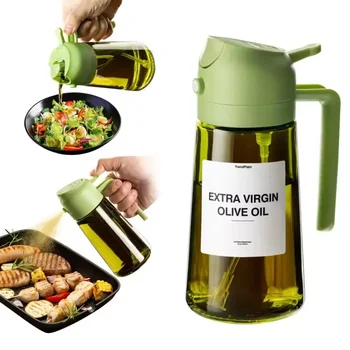 2 in 1 Olive Oil Dispenser Bottle 470ml Light-Blocking Dark Oil Sprayer for Cooking for Kitchen Dark Green Glass Oil Bottle 1