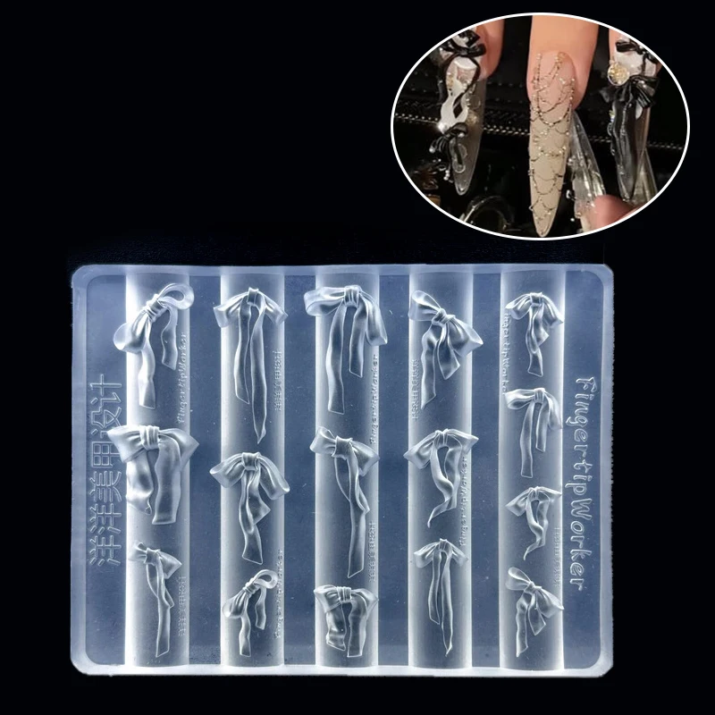 3D 리본 모양 실리콘 네일 몰드 혼합 사이즈 리본 보우 소프트 카와이 보타이 DIY 매니큐어 아트 몰드 살롱 네일 데코 도구