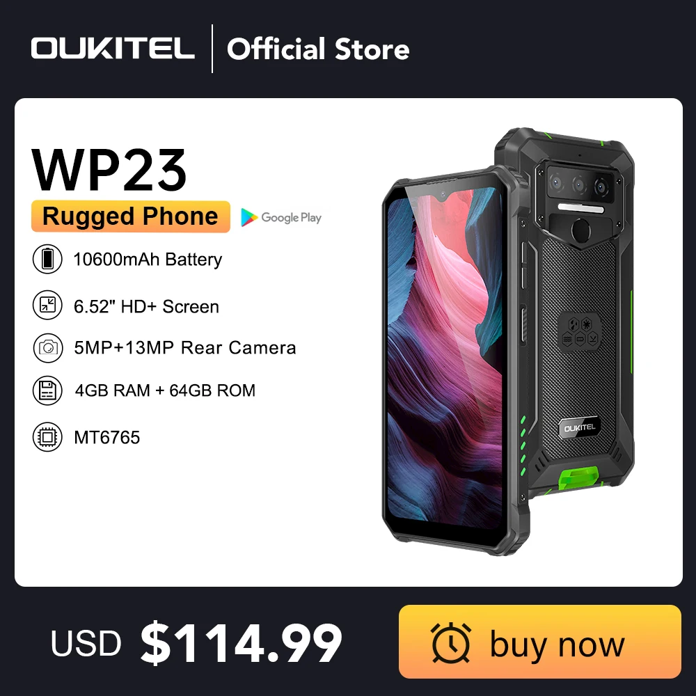 Oukitel WP23 Rugged Android 13 4GB 64GB 10600mAh Battery 13MP Rear Camera 6.52" HD+Display