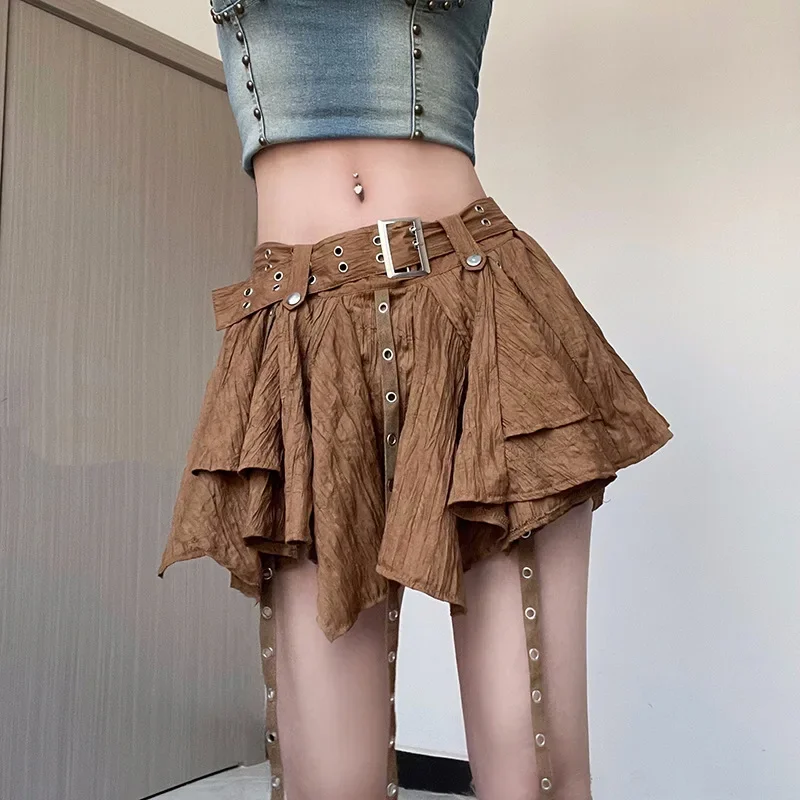 

Trendy Personality All-Match Playful Youth Girl Sexy Mature Beautiful High Street Women's Brown Vintage Pleated Skirt