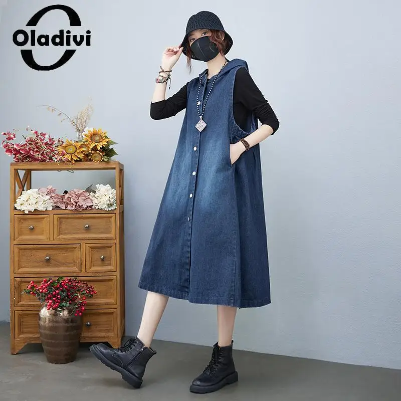 

Oladivi Large Size Women's Sleeveless Hooded Denim Dress 2023 Summer New Casual Loose Jean Dresses Ladies Oversized Clothing 355