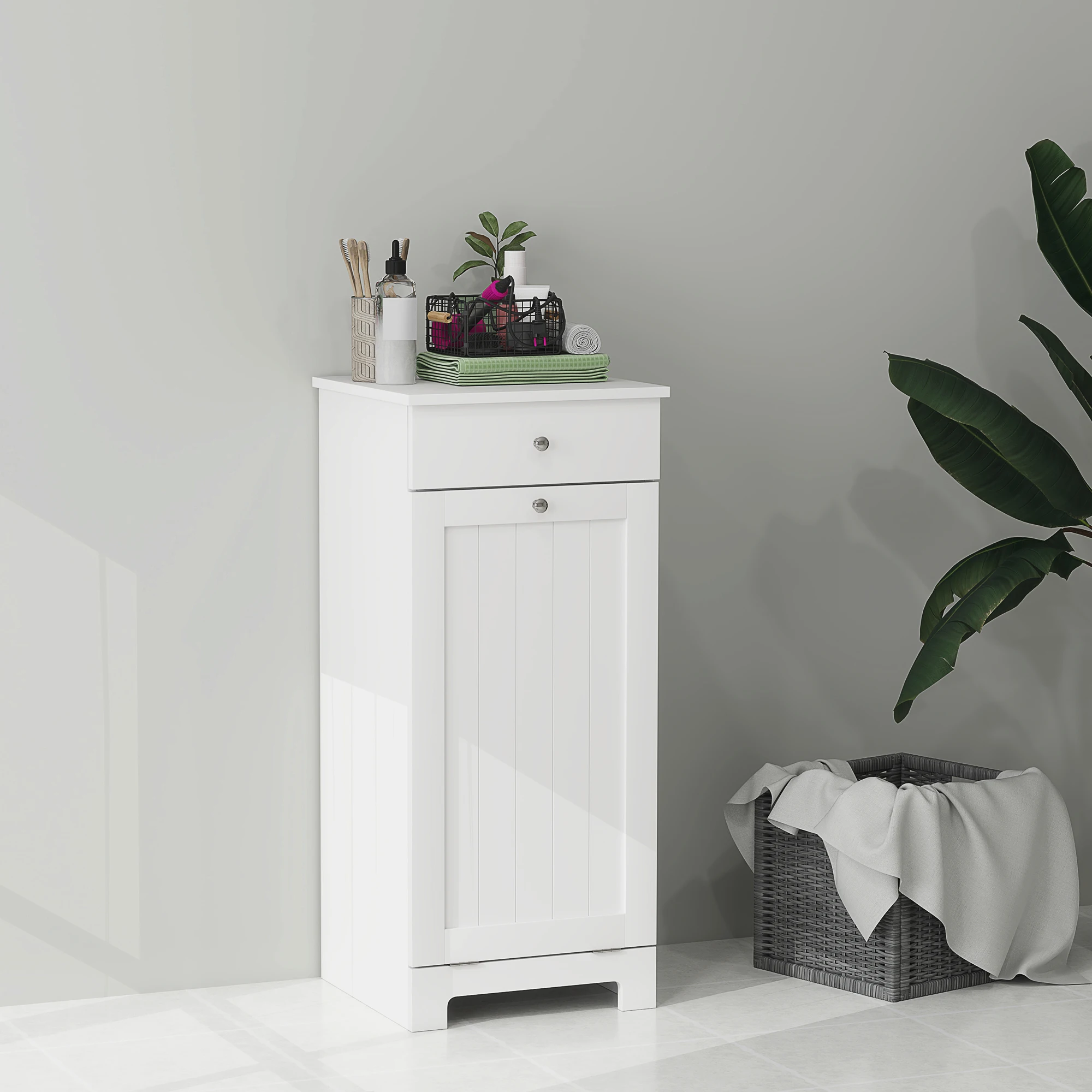 Homcom Laundry Hamper Cabinet with Removable Basket, Tilt Out Laundry Hamper Cabinet with Drawer and Beadboard Door, White 3