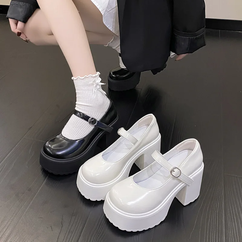 New High heel Shoes Autumn Spring Platform Black high heels fashion Round Toe Sexy Women PU Leather Student performance SHOES