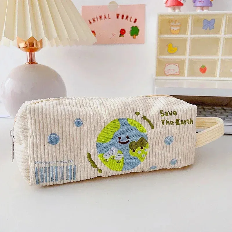 1pc Cute Cartoon Pencil Bag Kawaii Embroidery Floral Pencil Case Large Capacity Cosmetic Storage Bag