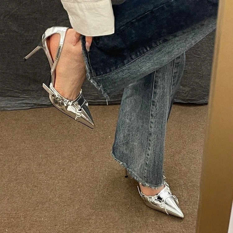 New Silver Rivet Pointed Toe Sexy Buckle Sandals Lady Patent Leather Cover Toe Sandals Women Slingback Shoes Dress Design