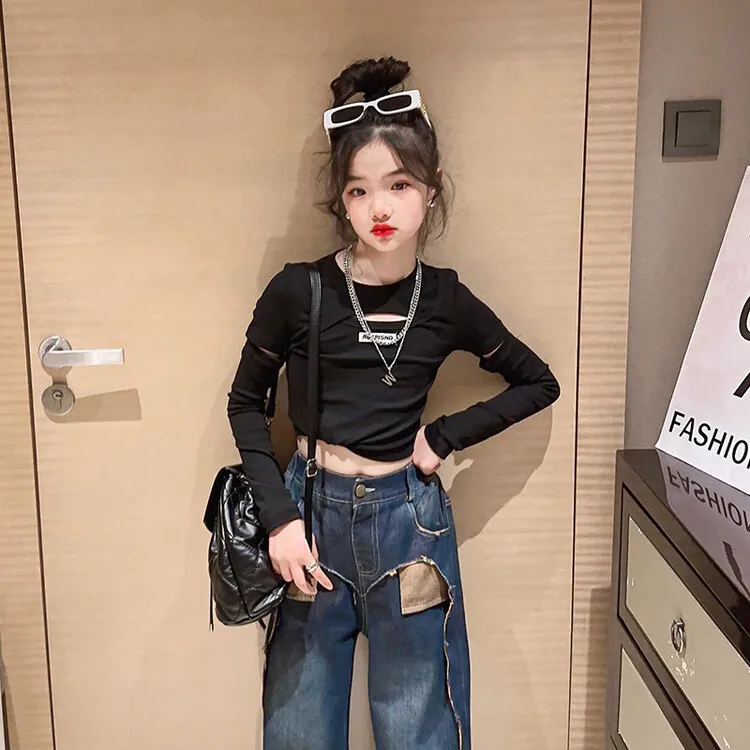 Girl Top New Spring Autumn Korean Fashion Style Cut Out Base Shirt Girls Solid Long Sleeve Blouse Casual Children Clothes
