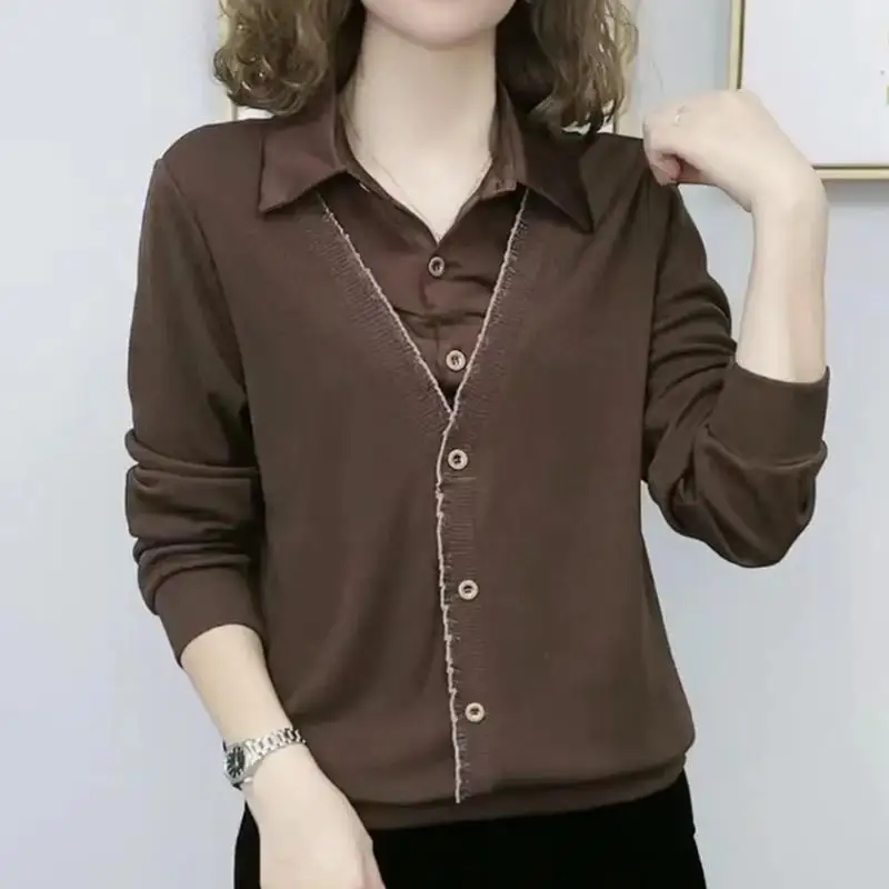 

2023 Autumn New Long Sleeved Knitwear Women's Fashion Elegant Comfortable Versatile Outerwear Small Shirt Fake Two Piece Top