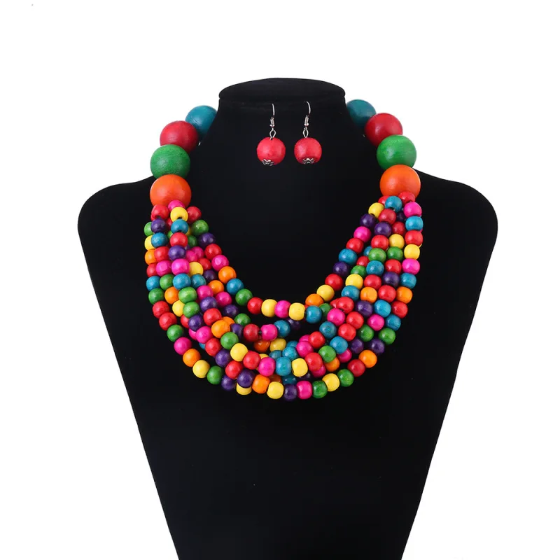 African Ethnic Style Colorful Necklace Multi Layered Clavicle Chain Choker Earring Set Jewelry For Women Birthday Christmas Gift