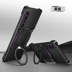 Magnetic Rimless Metal Case with Aluminum Bumper and Wireless Charging, Shockproof Stand Cover - Sony Xperia 1 VII (Black - purple)