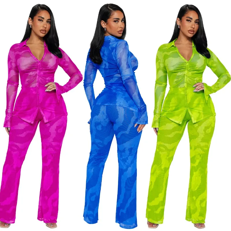 Tie Dye Print Mesh Two Piece Set 2023 Autumn Women Sexy V Neck Flare Long Sleeve Ruched Slim Shirt Top And Pants Suit Streetwear cryptographic deep v neck long sleeve mesh see through sexy backless mini dress women club party elegant ruched dresses clothes