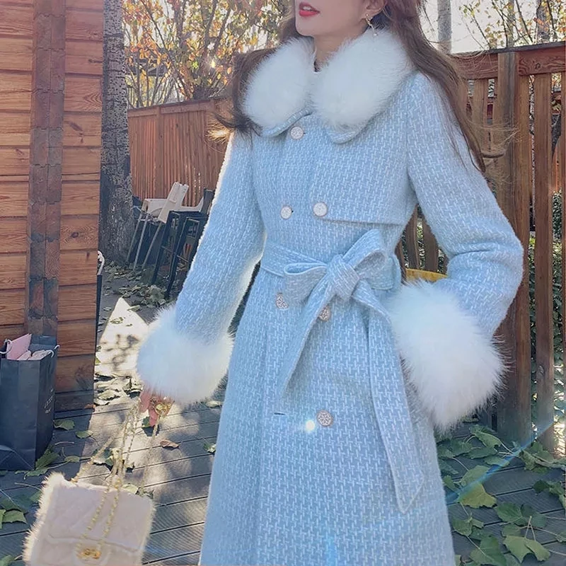 

New Fashion Faux Mink Fur Collar Cashmere Wool Blends Long Jacket Outerwear Warm Thicken Women