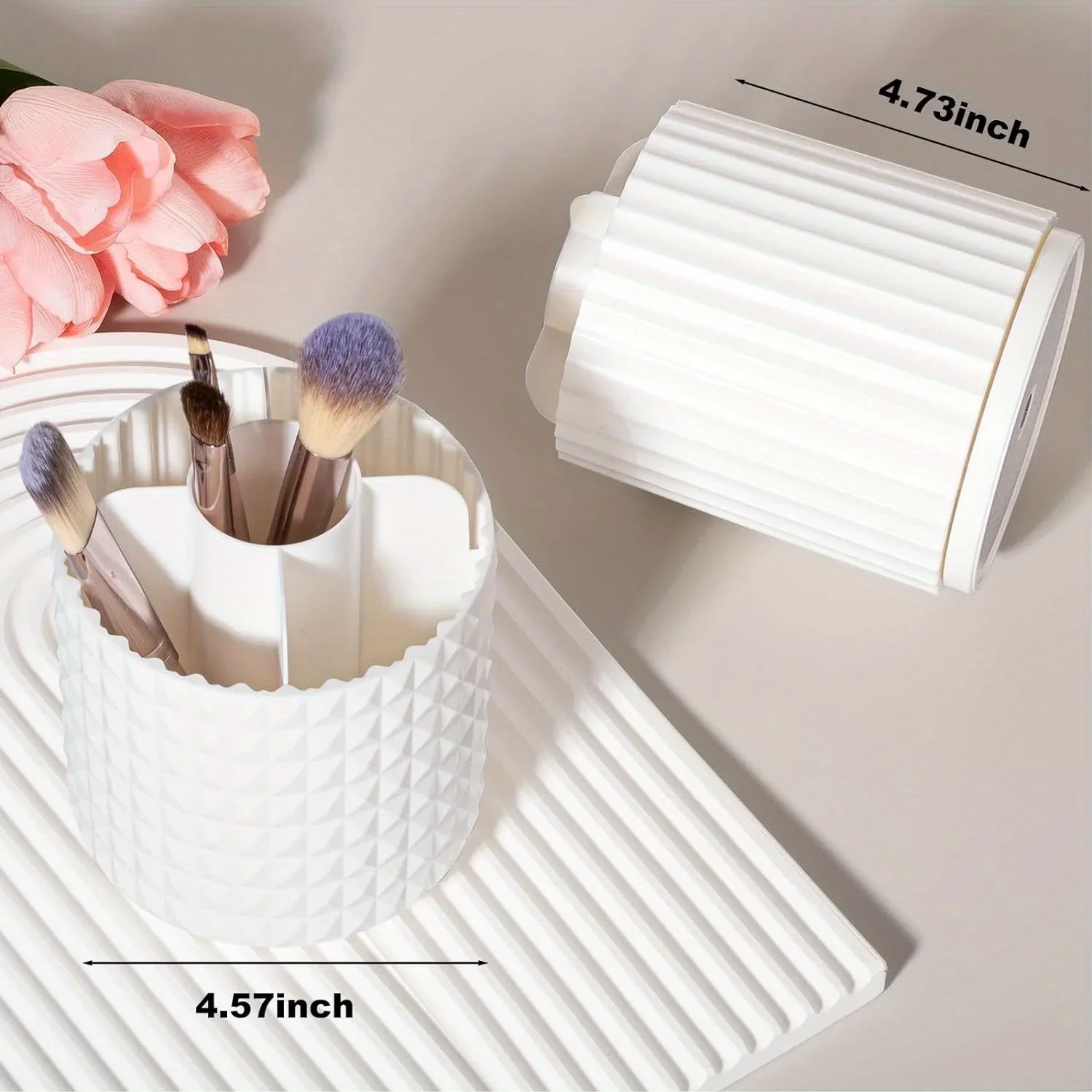 Makeup Brush Holder Organizer 360°Rotating Make Up Brushes Container for Vanity, Spinning Cosmetics Storage Cup, Stripe White 3