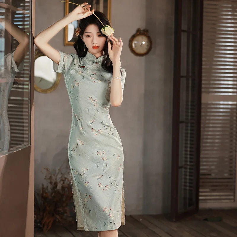 

Summer Sexy Lace Trim Short Sleeve Chinese Women Cheongsam Elegant Mandarin Collar Qipao Dresses