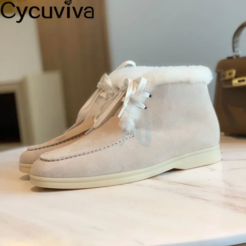 

2023 New Flat White Bottom Snow Boots For Women Fur Wool Lining Ankle Boots Winter Lace Up High Top Warm Suede Shoes Woman