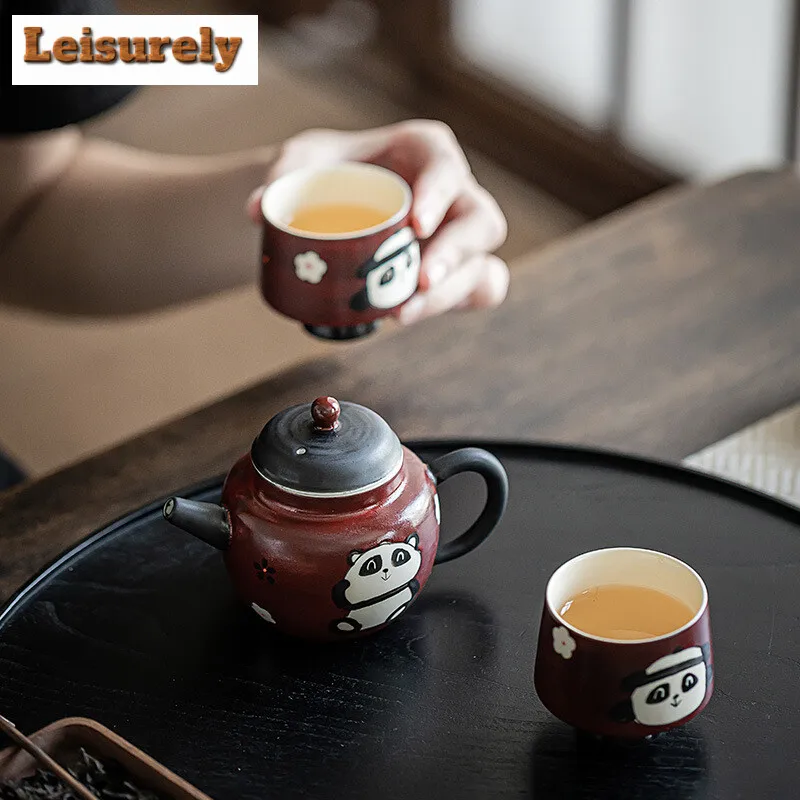 Japanese Powder Yin Hawthorn Red Teapot Hand Painted Panda Pot Ball Hole Infuser Kettle 1 Pot 2 Cups Porable Bag Kung Fu Teaset
