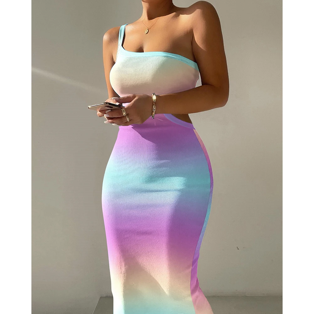 

2022 Summer Women One Shoulder Sexy Skinny Midi Long Dress One Shoulder Cutout Ribbed Asymmetrical Bodycon Dress