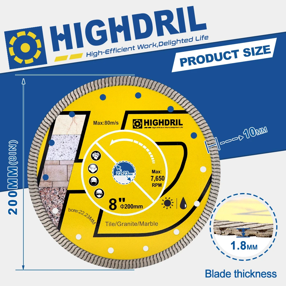 HIGHDRIL 다이아몬드 톱날 초박형 S 리플 커팅 디스크, 세라믹 타일 화강암 대리석용, 22.23mm 직경 200mm, 8 인치, 1 개