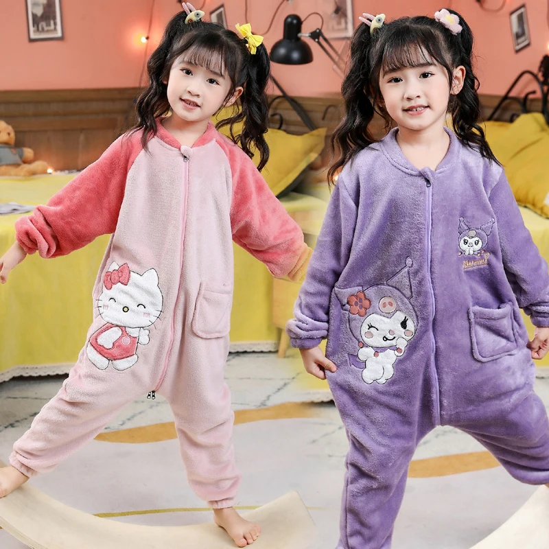 

Sanrioed аниме Hello Kittys детская сиамская Пижама для девочек коралловый флис зимняя утепленная анти-пинать мультяшный фланелевый спальный мешок для мальчиков