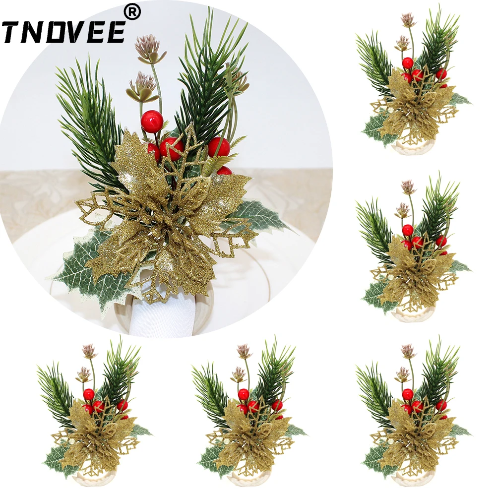 

6Pcs Christmas Napkin Rings Christmas Berry Pine Cones Pine Needles Napkin Holders for Christmas Holiday Dinner Table Decor