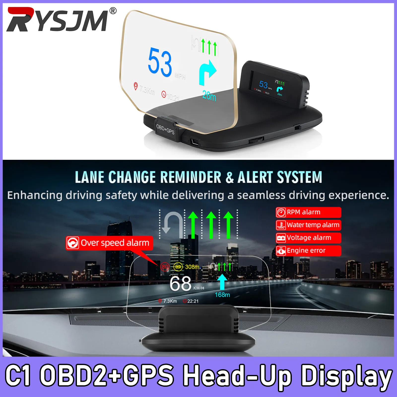 Proyector de Navegación C1 para Auto, OBD2+GPS HUD, Pantalla Head-Up, Velocímetro, Temperatura del Agua, Voltaje, RPM, Alarma de Velocidad 1