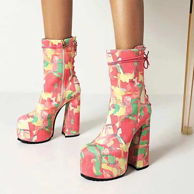 

Platform Boots Women Winter Cow Suede Fashion High Heel Ankle Boots Round Toe Square Heel Print Rome Booties Party Sexy Shoes