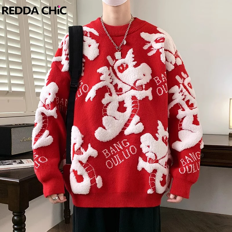 

REDDACHIC Chinese New Year 2024 Dragon Jacquard Jumper Men Loose Casual Long Sleeves O-neck Knit Sweater Friends Pullover Top