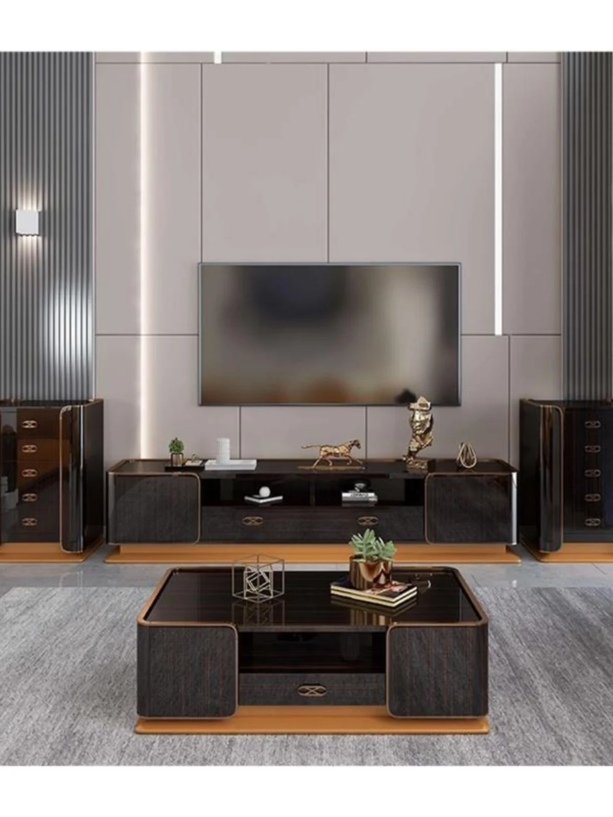 High-end light luxury furniture TV cabinet coffee table postmodern ebony grain paint living room luxury chest of drawers home