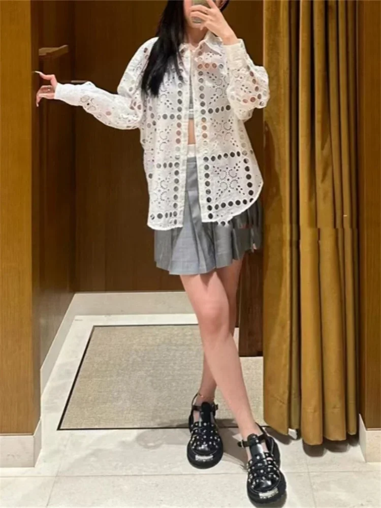 

Женская ажурная блузка с вышивкой и отложным воротником, однобортная Повседневная летняя рубашка с длинным рукавом, 2024