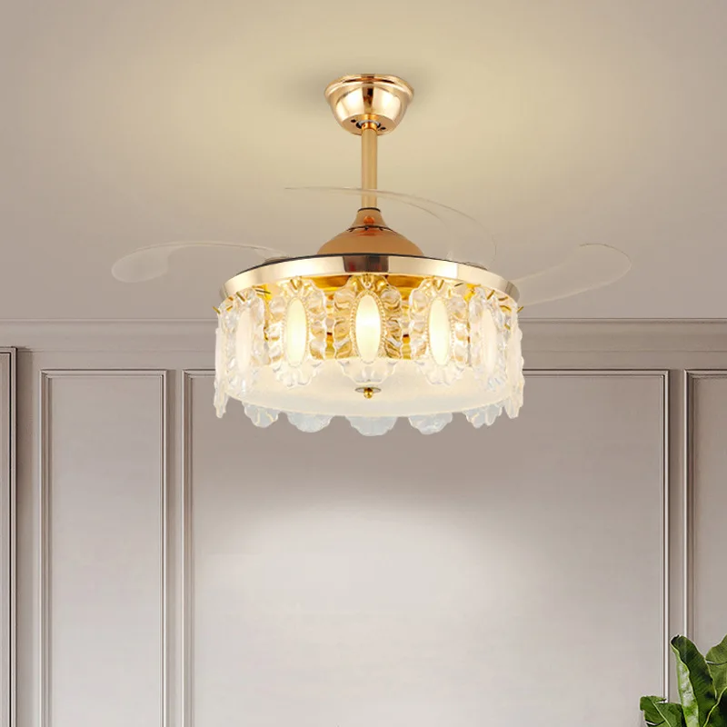 

Crystal Ceiling Fans With Light Seashell Round Crystal Invisible Blades Bedroom Remote Control Ceiling led Chandeliers Fan Lamps