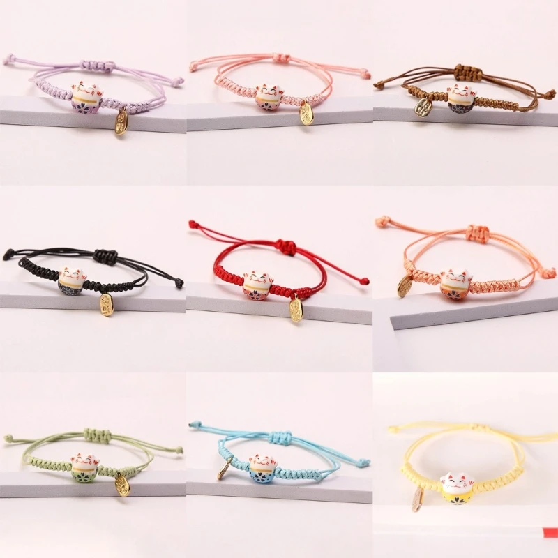 Pulsera de gato de la suerte de cuerda colorida hecha a mano para mujeres y niñas, regalos de cumpleaños, Encanto, borla, brazaletes de moda Maneki Neko, pareja