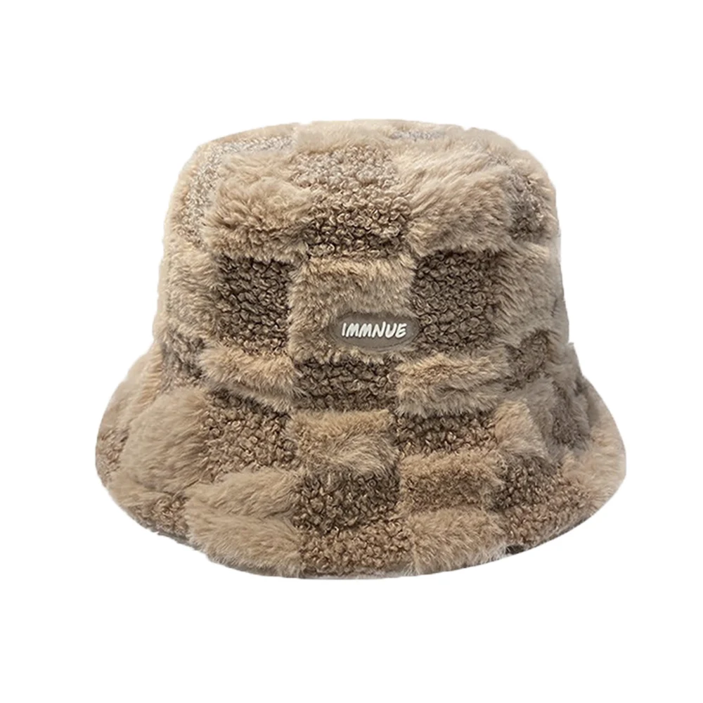 Fashion Winter Girl Boy Bucket Hat  Lamb Wool Letter Fisherman Hat Plaid Flat Top Hats Outdoor Thick Warm Panama Cap For Women
