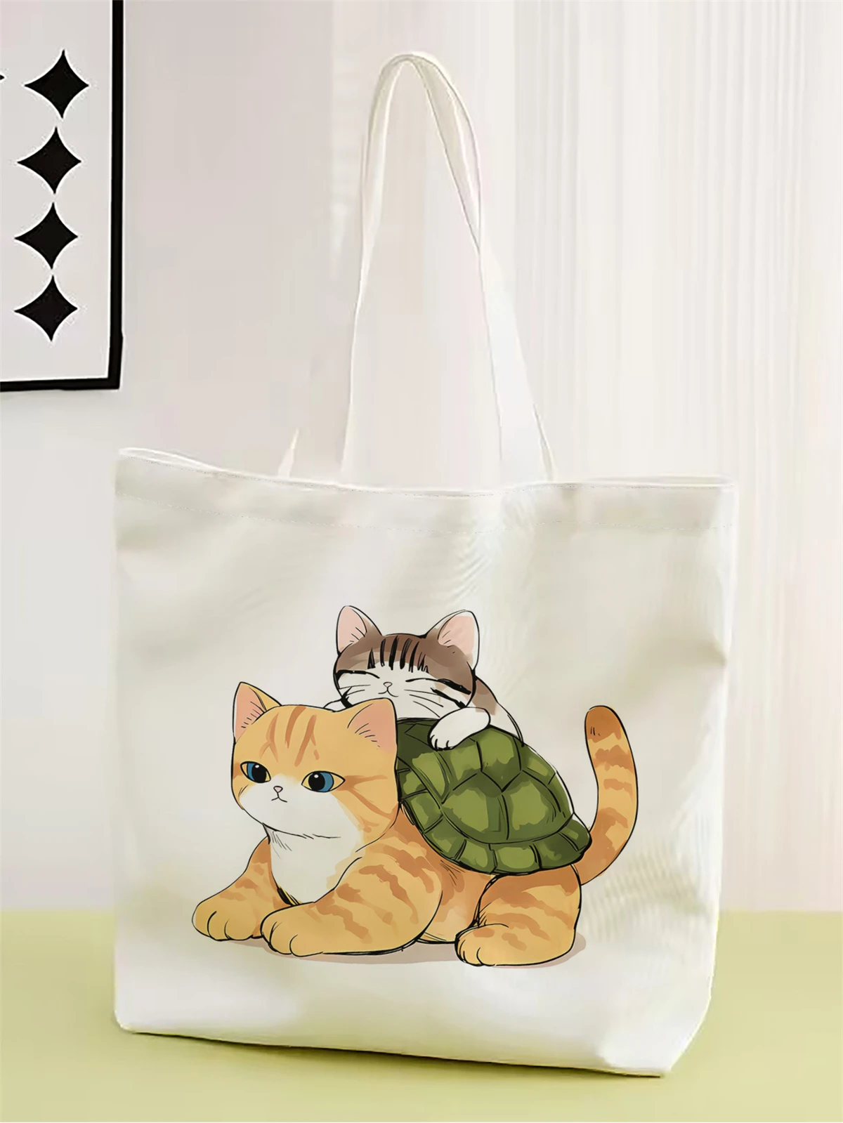 1pc,cartoon cat pattern handbag, reusable fashionable handbag, multifunctional handbag, printed canvas shopping bag