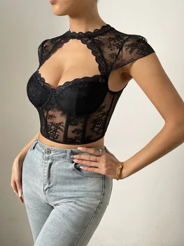 Top corto de encaje con apertura en V para mujer, blusa fina de manga corta con cuello redondo bordado estilo coreano,. 2
