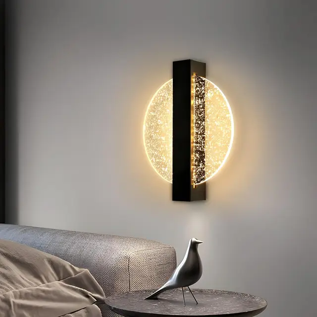 Lampada da parete moderna a LED con foglia argentata, rotonda nera, acrilica, luce calda 3500K, per soggiorno camera da letto 3