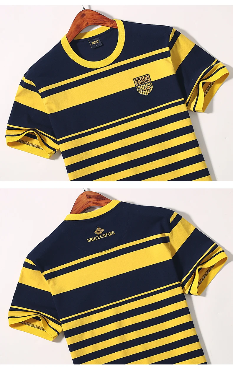 New Straight Men's Short T-shirt Round Neck Bruce&Shark Fashion Men's Stripe Tee Stretch Cotton Summer Breathable Tops Big Size 31 Se513b089a2b0425b984b666f99be162c2