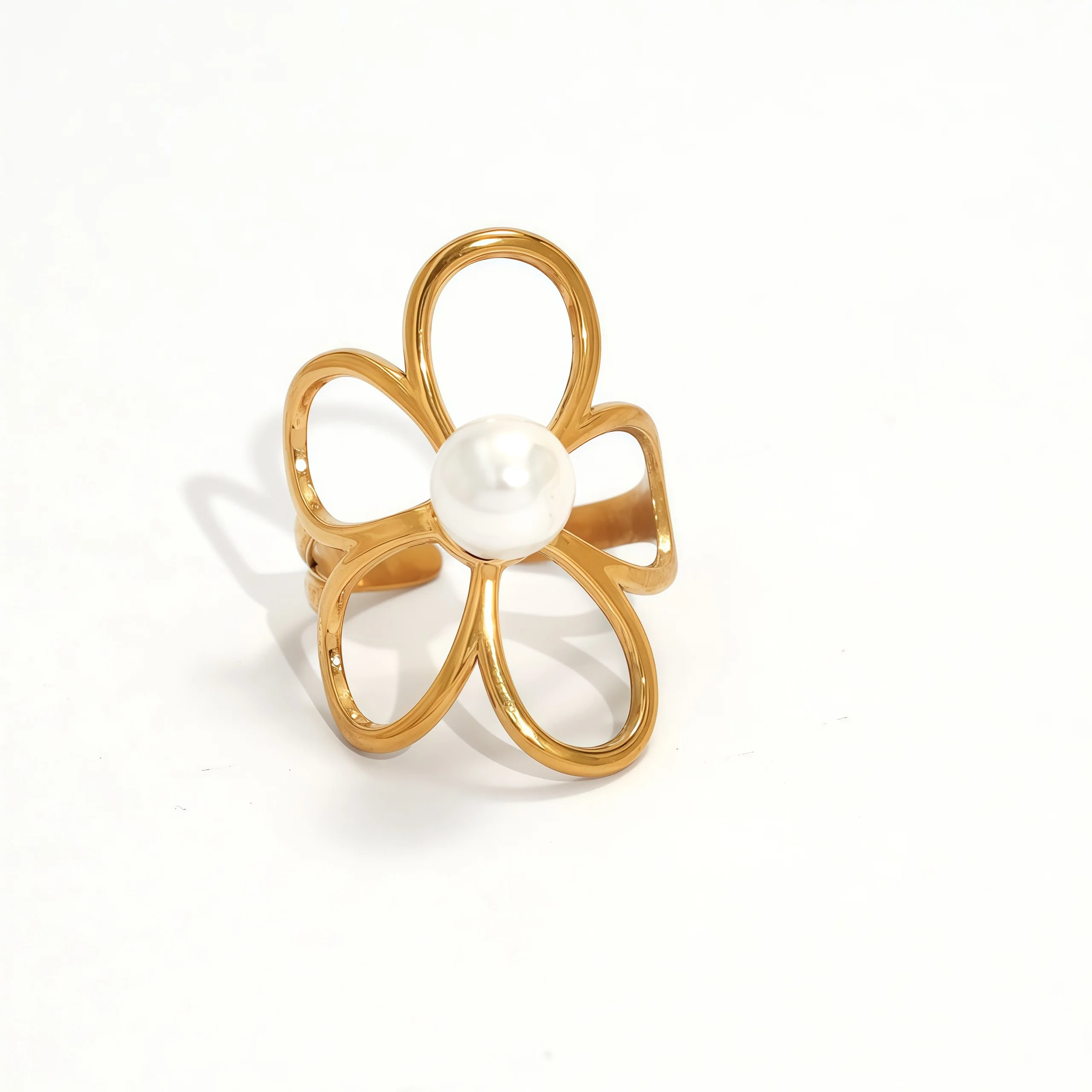 Exquisite hohle Perlen-Blumen-Design-Edelstahlringe, 18 Karat vergoldet, wasserfester Schmuck für den täglichen Gebrauch, Urlaub am Meer – Detail 6